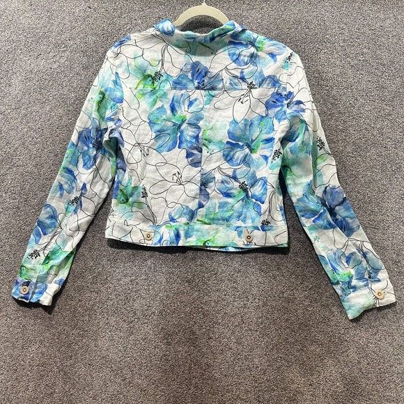 Haris‎ Cotton Button Up Jacket Women Small 100% Linen Blue Floral Watercolors - Picture 2 of 11